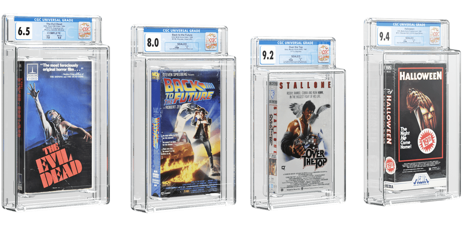 Four differently sized videocassettes in CGC holders